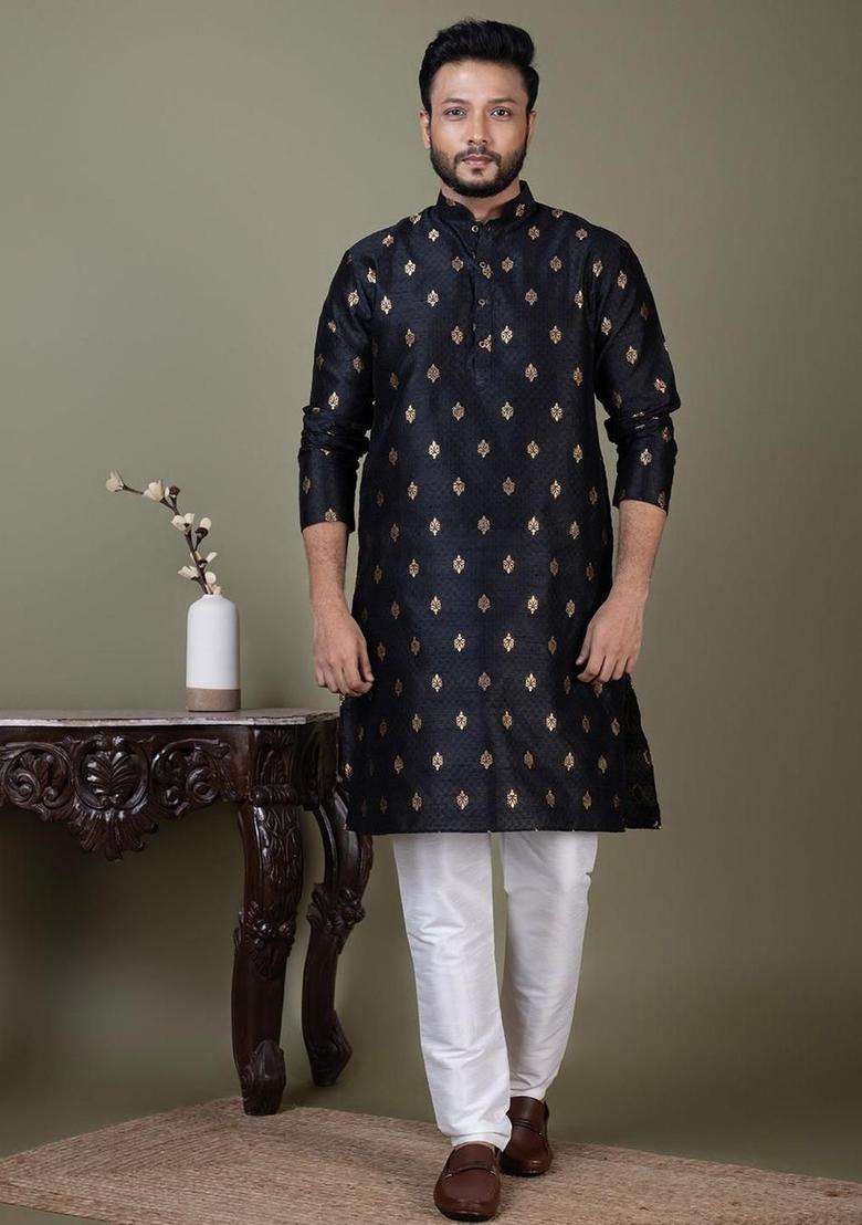 Black Woven Design Silk Blend Kurta Set For Men - Indya