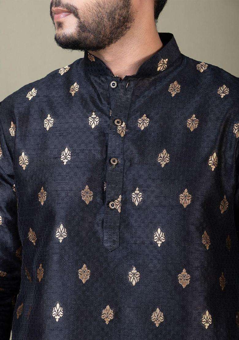 Black Woven Design Silk Blend Kurta Set For Men - Indya