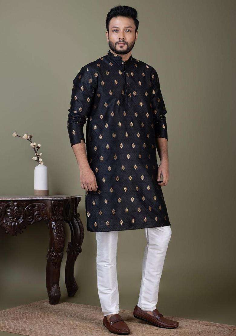 Black Woven Design Silk Blend Kurta Set For Men - Indya