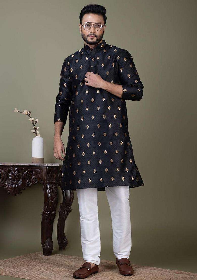Black Woven Design Silk Blend Kurta Set For Men - Indya