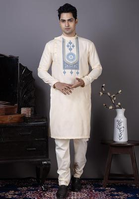 Beige Yoke Design Cotton Kurta Set For Men