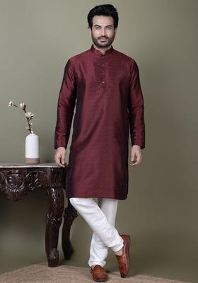 Maroon Self Design Silk Kurta Set For Men