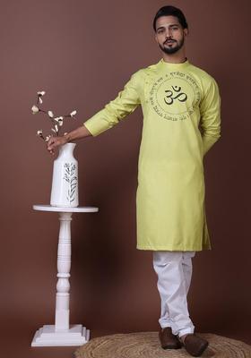 Lime Green Printed Cotton Kurta Set For Men