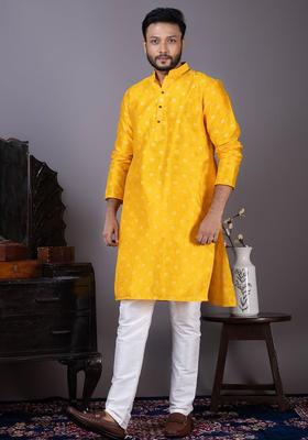Yellow Woven Design Silk Kurta Set For Men