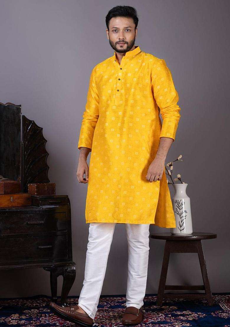 Yellow Woven Design Silk Blend Kurta Set For Men - Indya