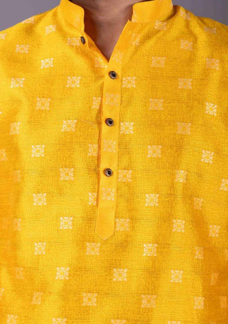 Yellow Woven Design Silk Blend Kurta Set For Men - Indya