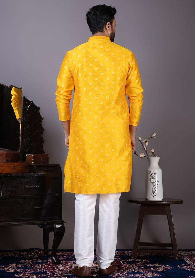 Yellow Woven Design Silk Blend Kurta Set For Men - Indya