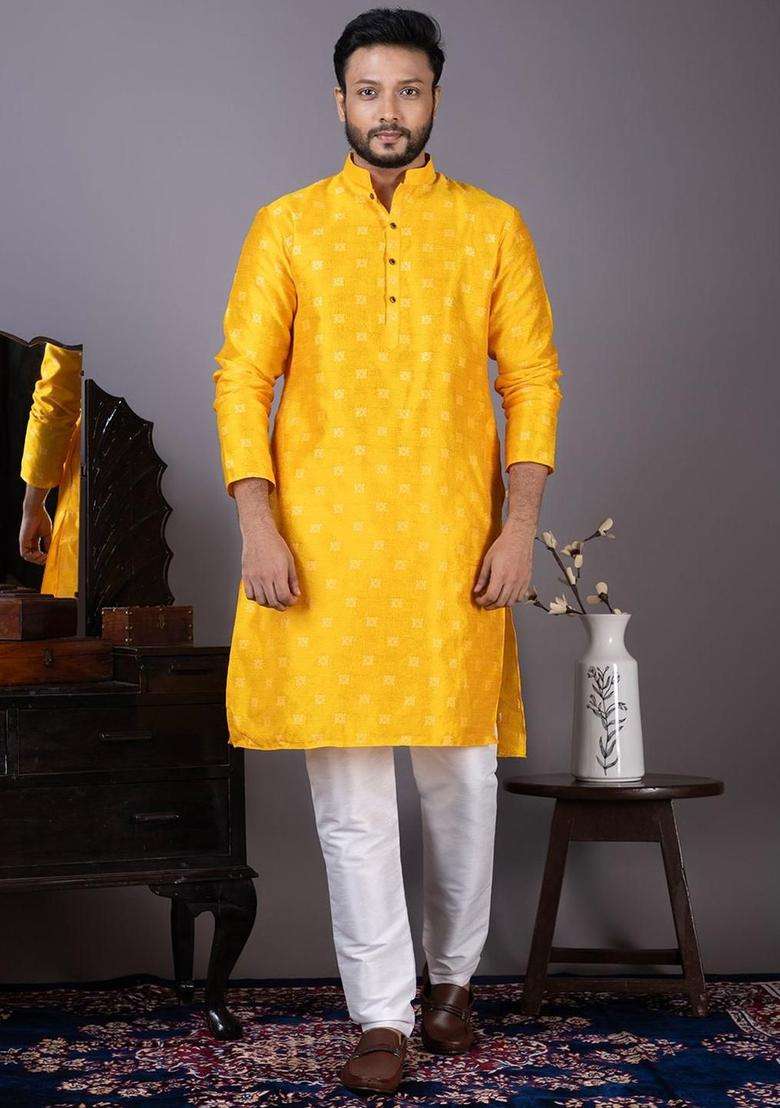 Yellow Woven Design Silk Blend Kurta Set For Men - Indya