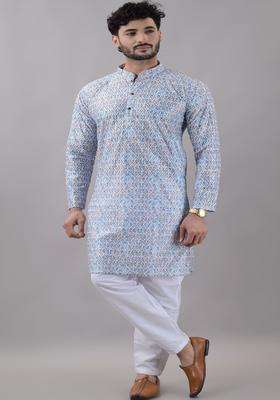 Blue Printed Viscose Kurta Set For Men