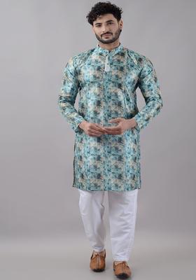 Green Self Design Cotton Kurta Set For Men