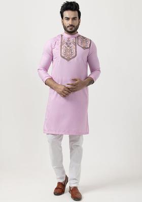 Purple Printed Cotton Kurta Set For Men