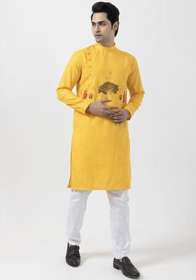 Mustard Printed Cotton Kurta Set For Men