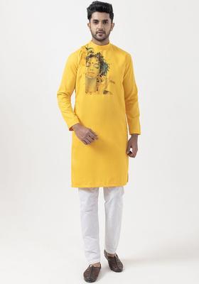 Mustard Printed Cotton Kurta Set For Men