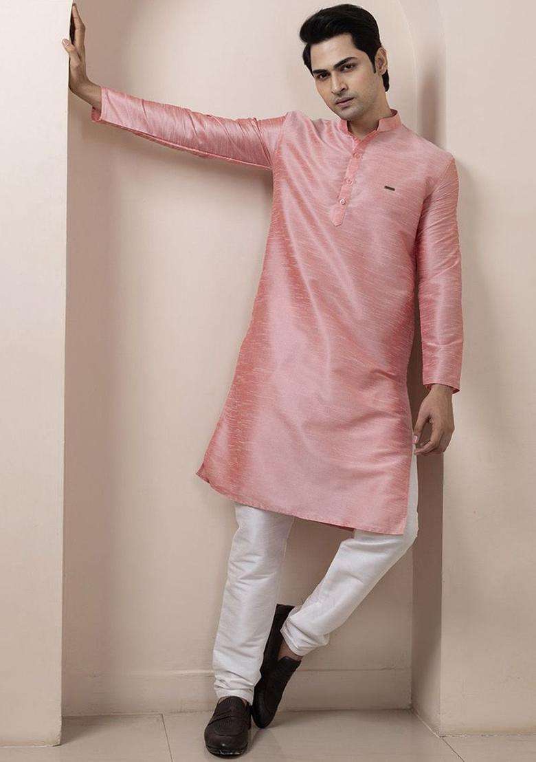 Pink Woven Design Silk Blend Kurta Set For Men - Indya