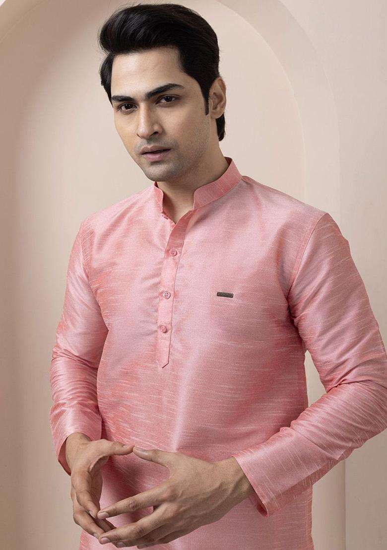 Pink Woven Design Silk Blend Kurta Set For Men - Indya