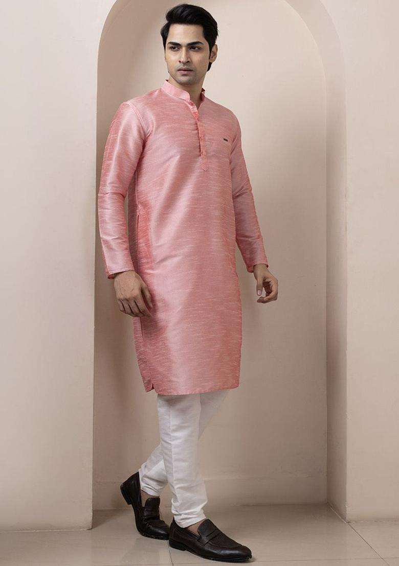 Pink Woven Design Silk Blend Kurta Set For Men - Indya
