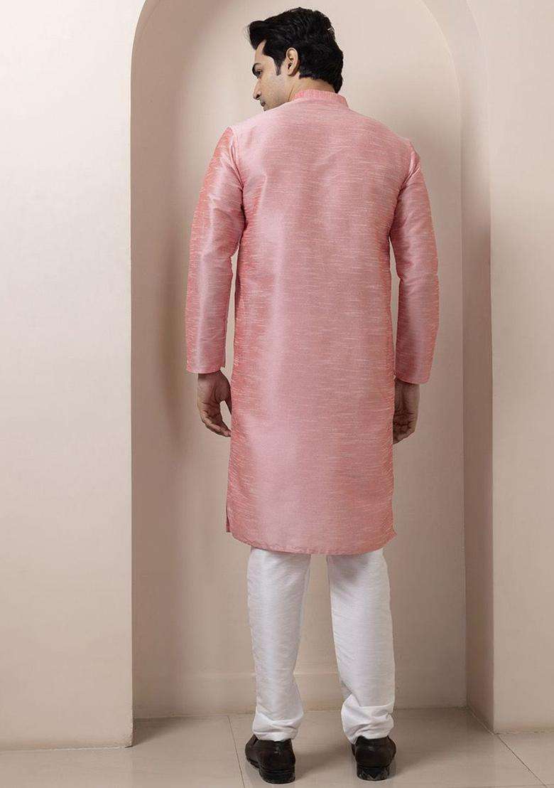 Pink Woven Design Silk Blend Kurta Set For Men - Indya