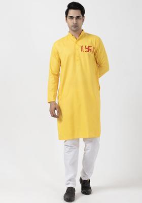 Yellow Yoke Design Cotton Kurta Set For Men