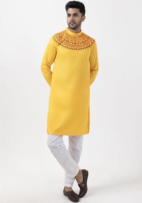 Mustard Printed Cotton Kurta Set For Men
