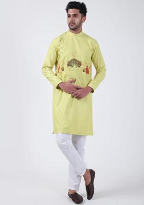 Lime Green Printed Cotton Kurta Set For Men