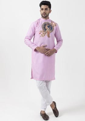 Pink Printed Cotton Kurta Set For Men