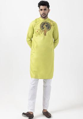 Lime Green Printed Cotton Kurta Set For Men