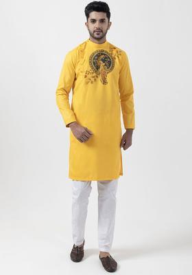 Mustard Printed Cotton Kurta Set For Men