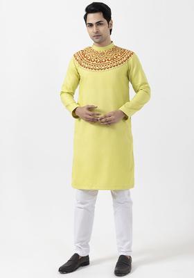 Lime Green Printed Cotton Kurta Set For Men