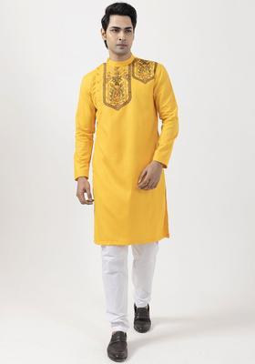Mustard Printed Cotton Kurta Set For Men