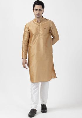 Camel Brown Woven Design Silk Kurta Set For Men