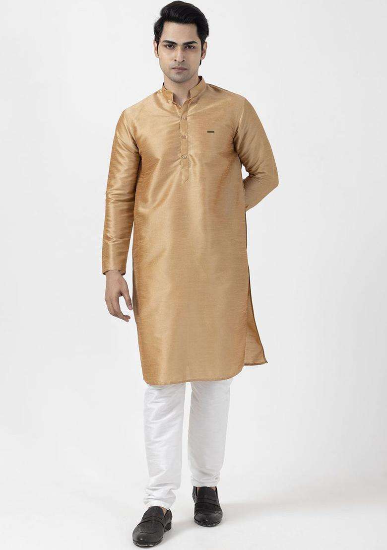 Camel Brown Woven Design Silk Blend Kurta Set For Men - Indya