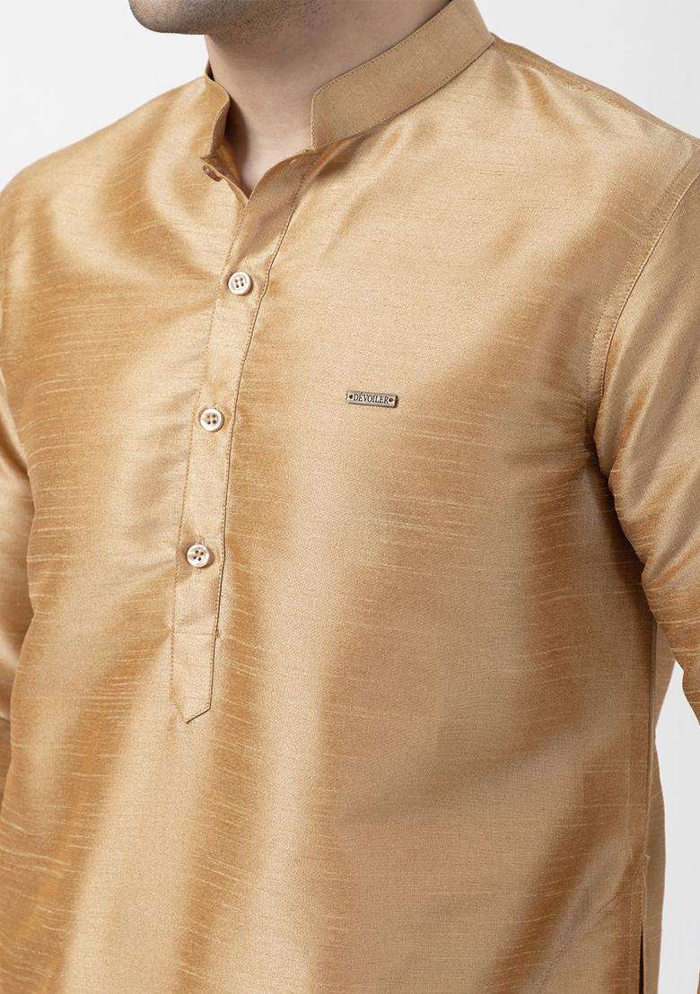 Camel Brown Woven Design Silk Blend Kurta Set For Men - Indya