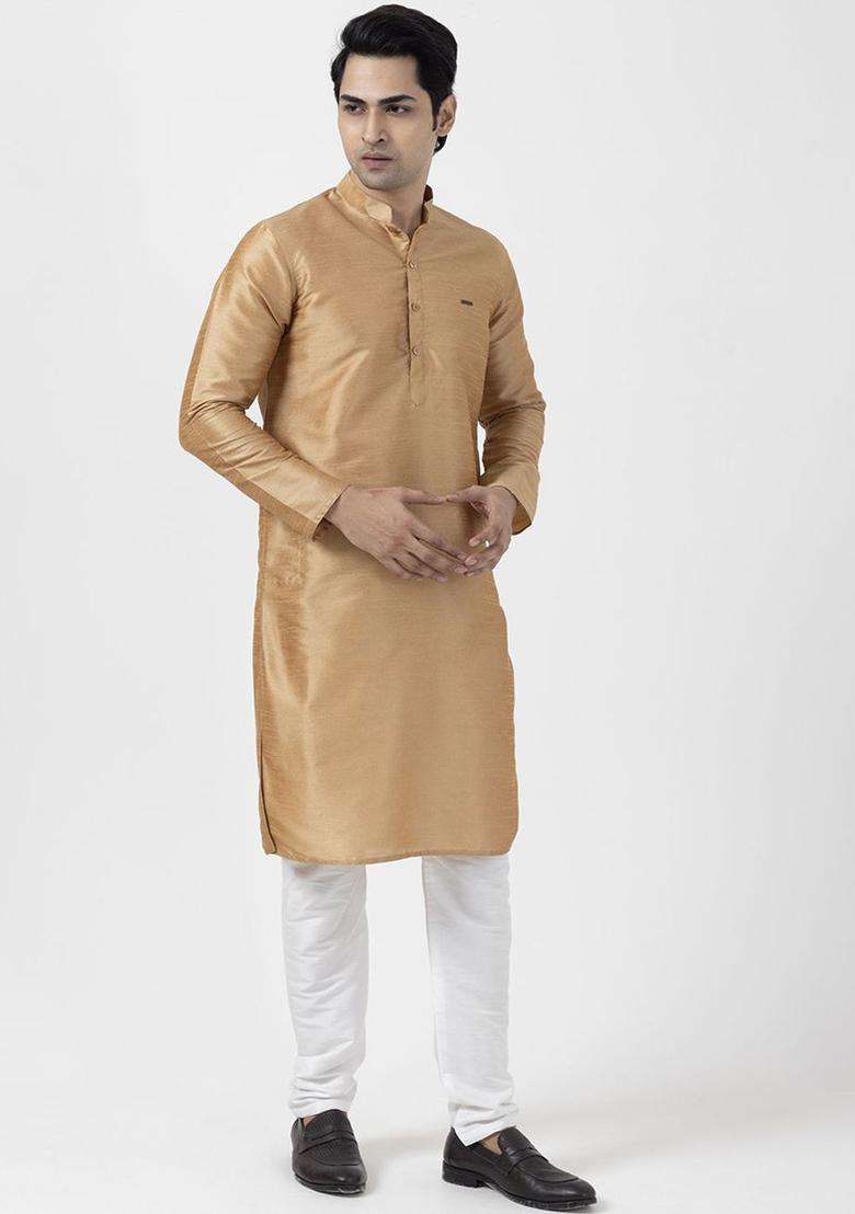 Camel Brown Woven Design Silk Blend Kurta Set For Men - Indya
