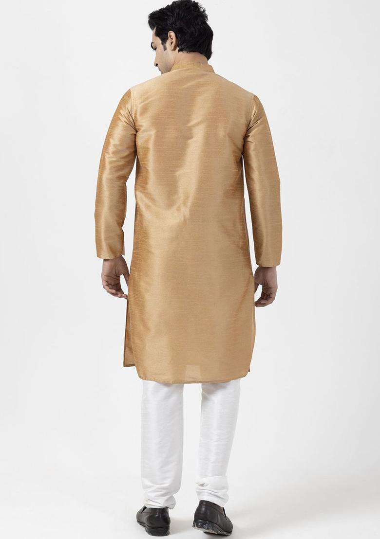 Camel Brown Woven Design Silk Blend Kurta Set For Men - Indya