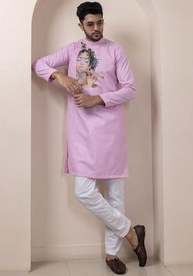 Pink Printed Cotton Kurta Set For Men