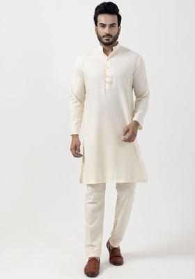 Beige Solid Cotton Kurta Set For Men