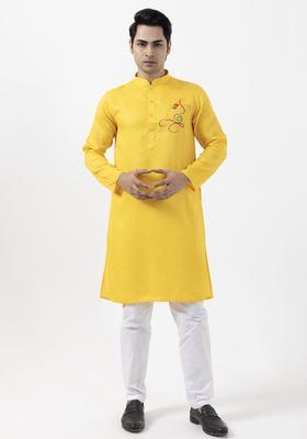 Yellow Yoke Design Cotton Kurta Set For Men