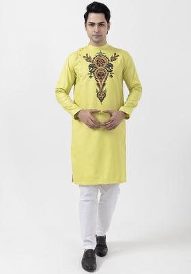 Lime Green Printed Cotton Kurta Set For Men