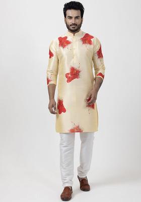 Beige Printed Silk Blend Kurta Set For Men