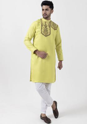 Lime Green Printed Cotton Kurta Set For Men