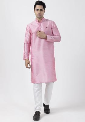 Pink Woven Design Silk Kurta Set For Men
