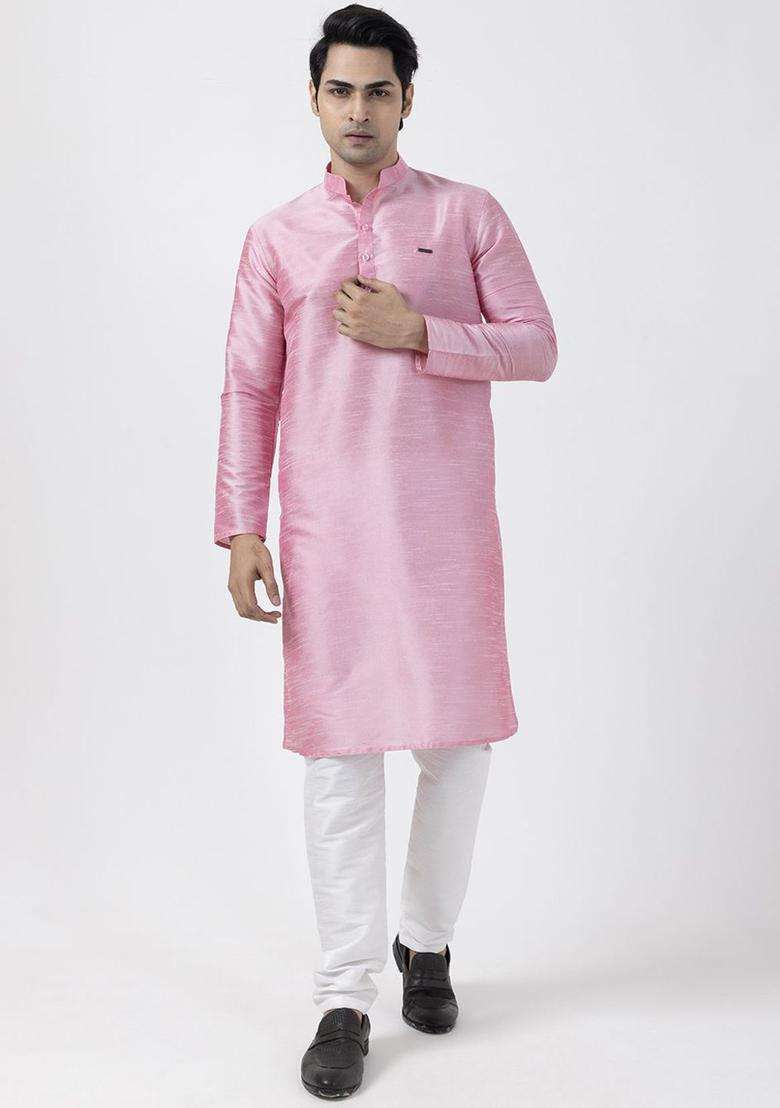 Pink Woven Design Silk Blend Kurta Set For Men - Indya