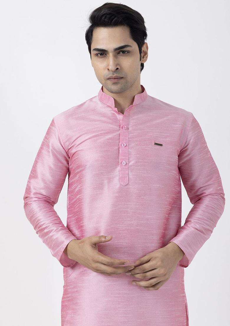 Pink Woven Design Silk Blend Kurta Set For Men - Indya
