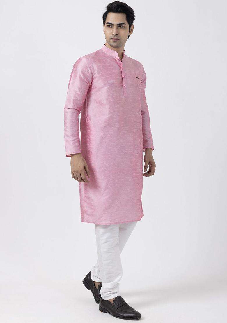 Pink Woven Design Silk Blend Kurta Set For Men - Indya