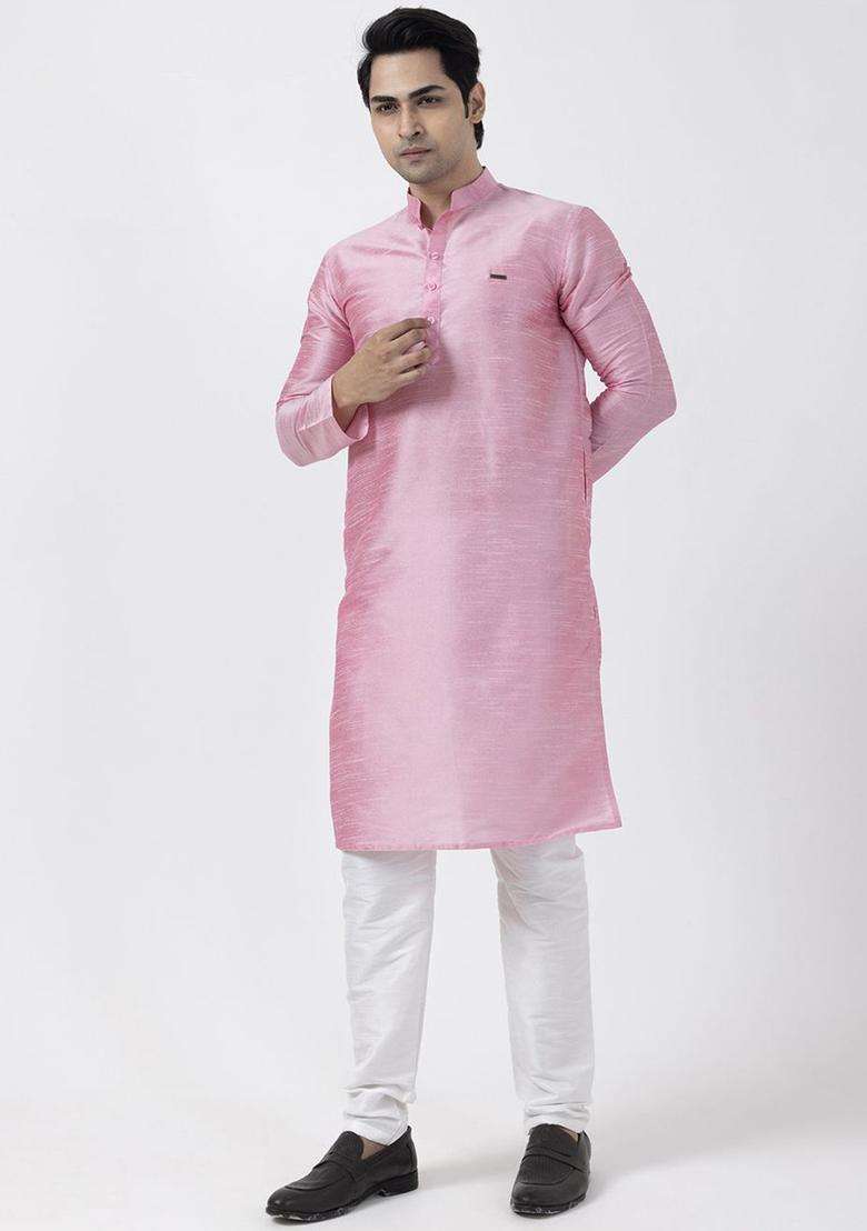 Pink Woven Design Silk Blend Kurta Set For Men - Indya