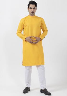 Mustard Printed Cotton Kurta Set For Men