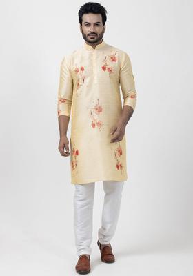 Beige Printed Silk Blend Kurta Set For Men