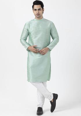 Green Woven Design Silk Blend Kurta Set For Men