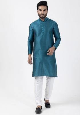 Turquoise Blue Woven Design Silk Kurta Set For Men