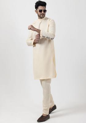 Beige Solid Cotton Kurta Set For Men